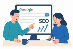 two marketers collaborating on SEO optimization