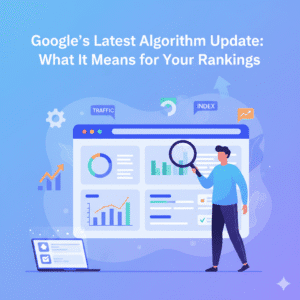 Modern flat-design illustration of a digital marketing expert analyzing a website dashboard on a large screen with charts and SEO metrics, representing a Google algorithm update analysis.
