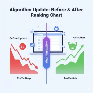 An infographic-style image showing a website ranking chart before and after a Google algorithm update. Use clear labels like “Traffic Drop” and “Traffic Gain,” with a laptop or browser window in the background.