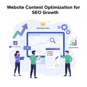An illustration showing a team optimizing website content: adding structured data, updating blog posts, and analyzing Google Search Console data. Include arrows and icons representing growth, improvement, and ranking increases.